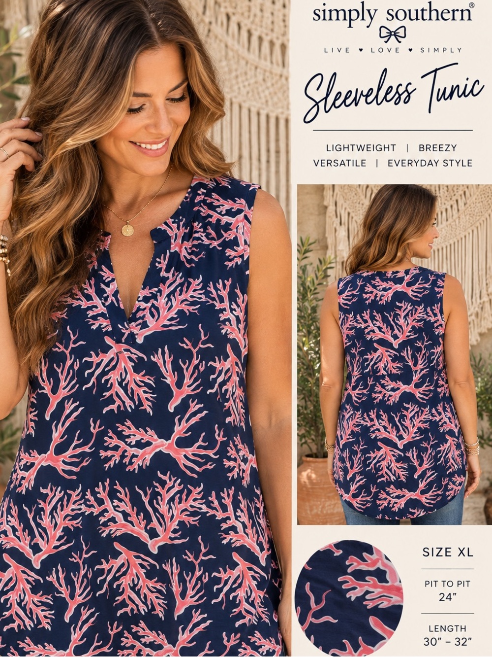 Simply Southern Sleeveless Tunic - Navy with Pink Coral Print Size XL